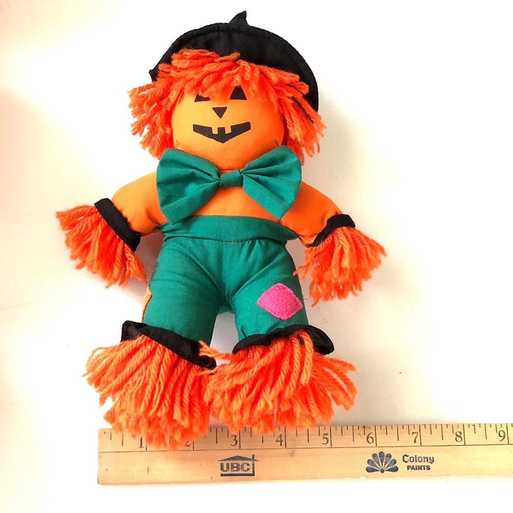 Kids Orange Halloween Pumpkin Scarecrow Plush Toy with Green Outfit - Picture 5 of 5